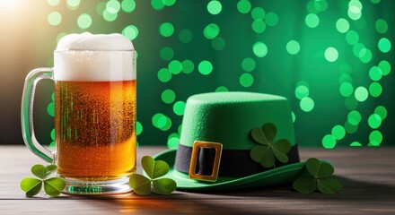 st patrick's day celebration with beer mug and leprechaun hat on wooden table