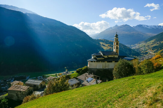 Scenic autumn landscape near Semogo resort in the Livigno Alps, Italy, Europe	