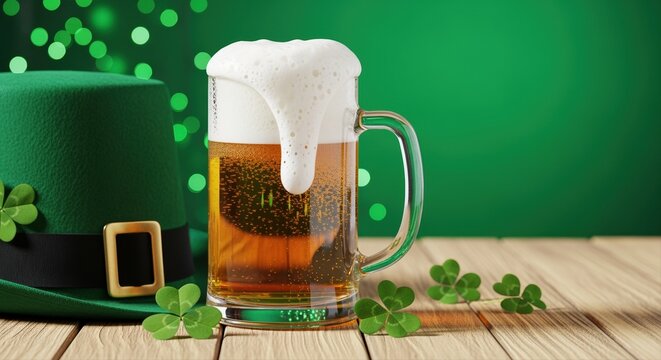 frothy beer in glass against green bokeh celebrating st patrick's day with clovers