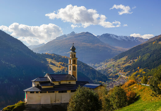 Scenic autumn landscape near Semogo resort in the Livigno Alps, Italy, Europe	
