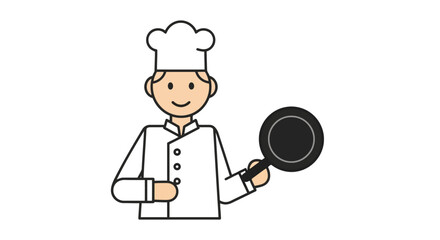 A smiling male chef in a white uniform and hat, holding a frying pan