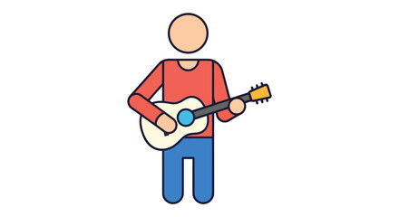 A simple, stylized illustration of a person playing an acoustic guitar, depicted with a plain body and wearing a red longsleeved shirt and blue pants