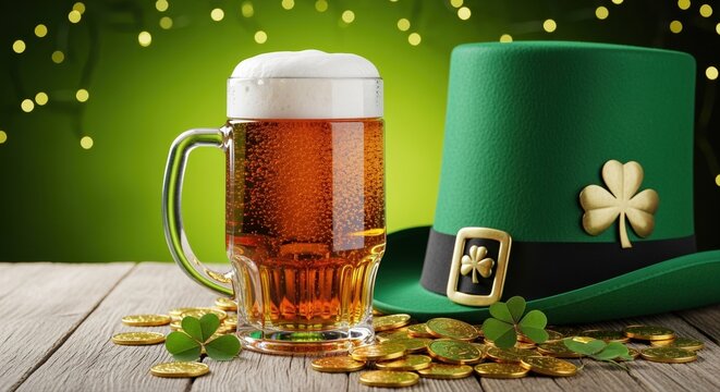 st patrick's day celebration with beer mug, leprechaun hat and gold coins on wooden table