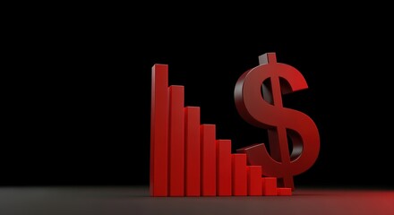 3d red dollar sign and declining bar graph symbolizing financial loss on black background