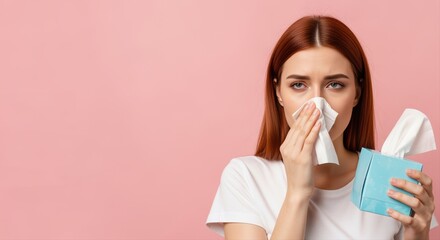 young caucasian woman with tissue holding box sneezing against pink background