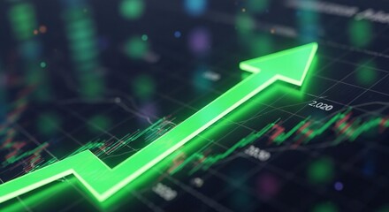 Vibrant green arrow points upward on a dark chart with blurred, colorful bokeh lights