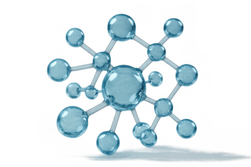Blue molecule structure representing science, chemistry, and research, with a liquid gel texture on a transparent background