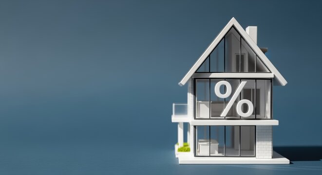 modern architectural miniature house with percentage symbol on blue background