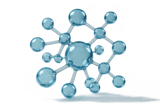 Blue molecule structure representing science, chemistry, and research, with a liquid gel texture on a transparent background