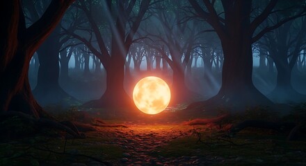 Mystical glowing orb illuminates a shadowy forest landscape vividly