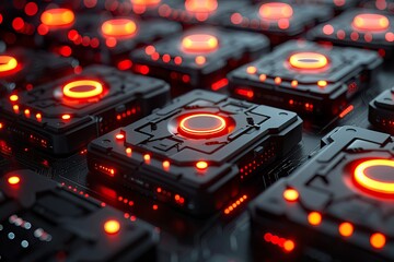 Futuristic glowing circuit modules with red neon cyber technology surface, generative ai
