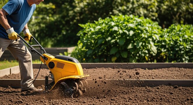 man using garden tiller in backyard garden on a sunny day for soil preparation and planting