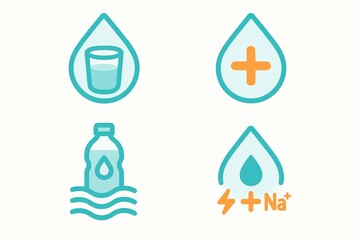 Illustration of water-related elements featuring a glass of water, a bottle, and symbols of hydration and electrolytes in bright colors symbolizing health and wellness