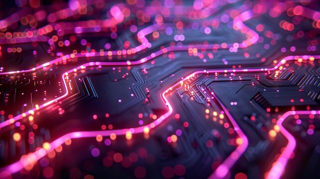 Futuristic glowing pink circuit board with neon light trails, generative ai