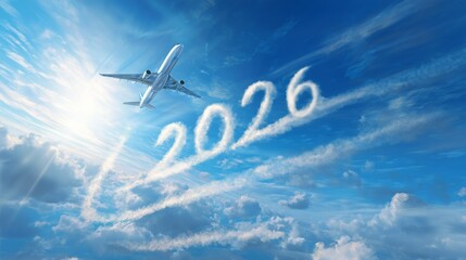 Airplane flying through blue sky with clouds and the year 2026 written in vapor trails