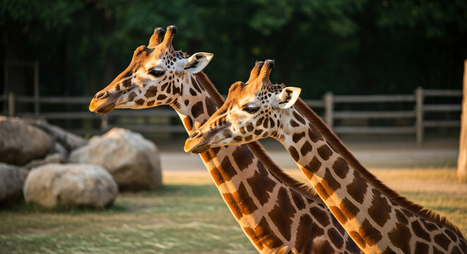 Graceful giraffes in the golden sunlight, two majestic animals in their natural habitat, nature's beauty, wildlife photography, safari adventure appeal