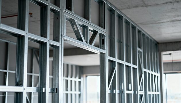 Medium shot of interior steel stud framing showcasing lightweight precise metal framework for modern wall construction.