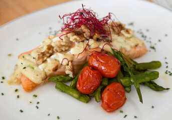 Gourmet Salmon Fillet with Asparagus and Roasted Tomatoes
