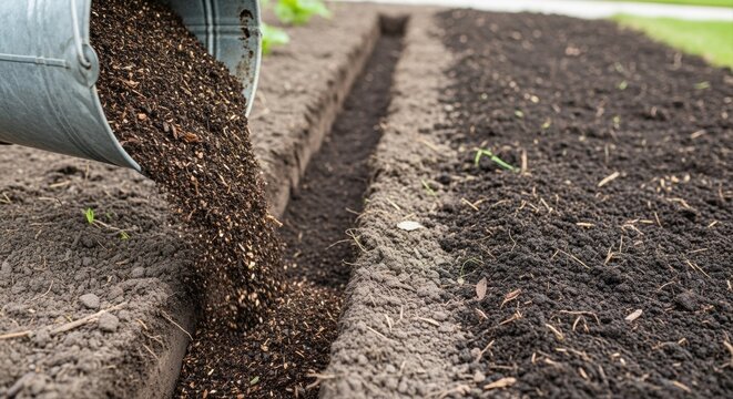 close-up of soil being poured from bucket into freshly dug garden furrow for planting