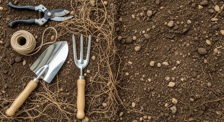 gardening tools and twine on soil with scattered roots ready for spring planting