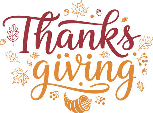 Hand-Lettered Thanksgiving Typography Vector with Autumn Leaves and Cornucopia