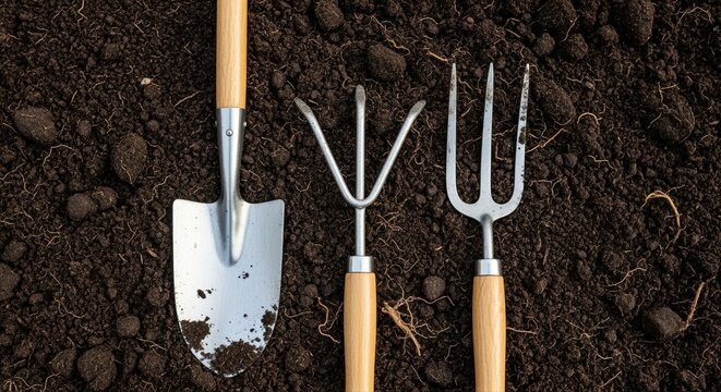 gardening tools on rich dark soil ready for spring planting in vegetable garden