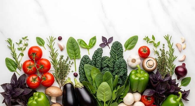 Assortment of fresh vegetables and herbs on white marble tabletop - Powered by Adobe