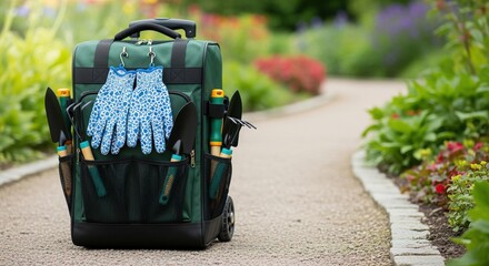 gardening tools backpack on garden path with vibrant flowers and colorful gloves