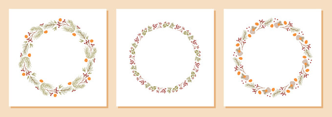Obraz premium Flat xmas wreath with red berry and ornament in a circle composition. Pine branch and kraft box create a christmas gift accent. Modern holiday decor, festive border element, seasonal background.