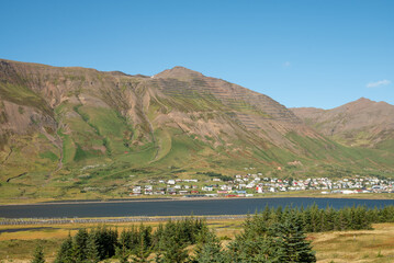 Naklejka premium Town of Olafsfjordur in north Iceland