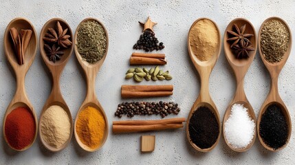 Creative arrangement of spices shaped like a Christmas tree for festive cooking and decoration