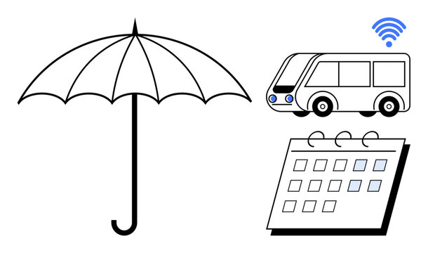 Open umbrella, smart bus with wireless symbol, and marked calendar day combining themes of safety, technology, planning, and travel. Ideal for scheduling, public transport, connectivity and modern