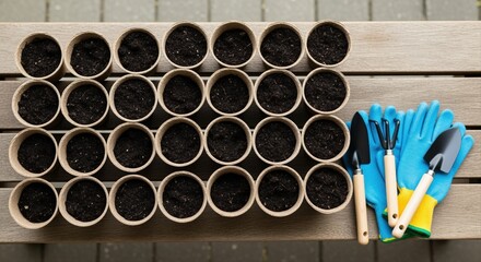 top view of arranged gardening tools with many small pots filled with soil on wooden table