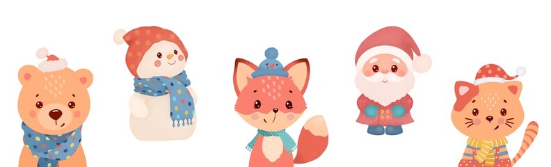 Cute festive Christmas set with Santa Claus, bear, fox, snowman, and cat in cozy winter clothes. Christmas Clipart  for greeting cards, prints, invitations, and holiday design.