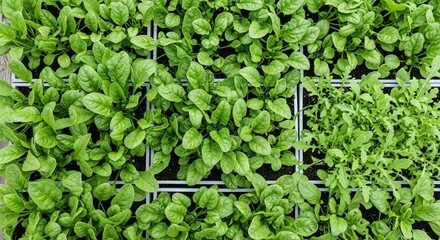 lush green spinach and arugula growing in garden planters on a sunny day
