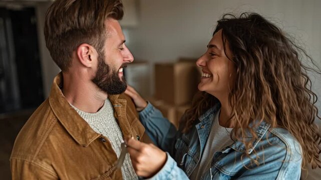 Happy couple celebrates new home with excitement and joyful embrace in moving day adventure