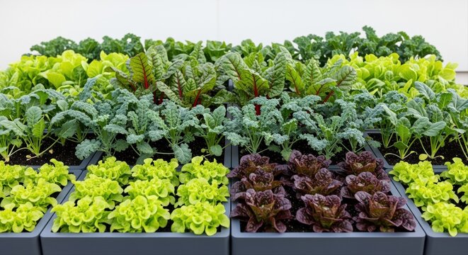 diverse vegetable planters filled with lush leafy greens in modern urban garden setting