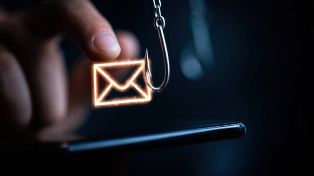 Finger Tapping Mobile Email With Phishing Hook Hologram Symbolizes Online Scam Threat