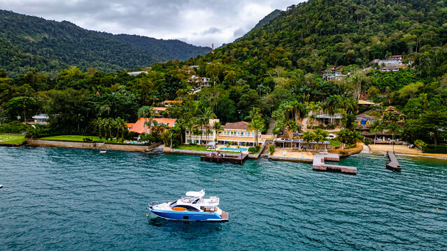 Luxury Boat Speedboat Yacht Tropical Paradise Beach Blue Sea Atlantic Ocean Coast Atlantic Forest Angra Dos Reis Rio De Janeiro Brazil South America Idyllic Heavenly Summer Colorful Saturated Green