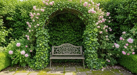 tranquil garden bench under rose archway surrounded by lush greenery on a sunny day