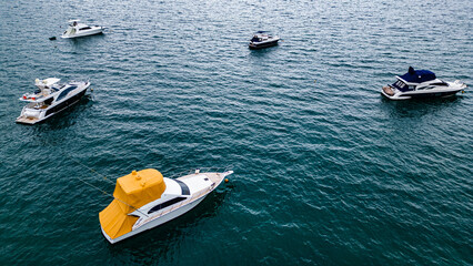 Luxury Boat Speedboat Yacht Tropical Paradise Beach Blue Sea Atlantic Ocean Coast Atlantic Forest Angra Dos Reis Rio De Janeiro Brazil South America Idyllic Heavenly Summer Colorful Saturated Green