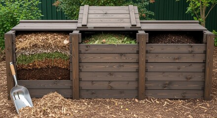 wooden compost bins in garden showcasing layers of organic waste for sustainable gardening