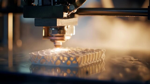 Dynamic medium shot of multilayer 3D printing in action focusing on the assembly of lightweight aerospace parts with innovative design features.