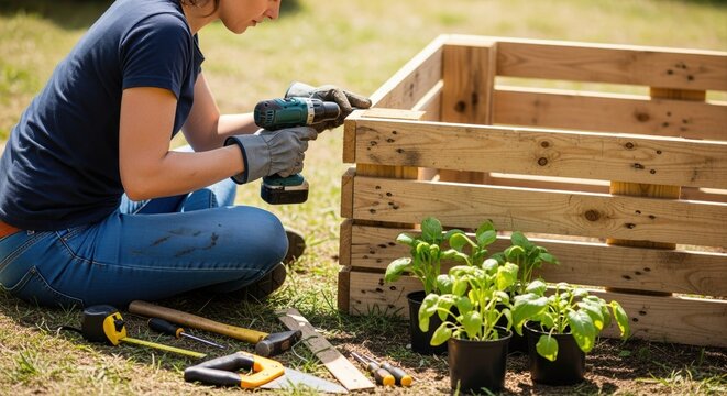 young woman using power drill to build wooden garden planter in sunny backyard