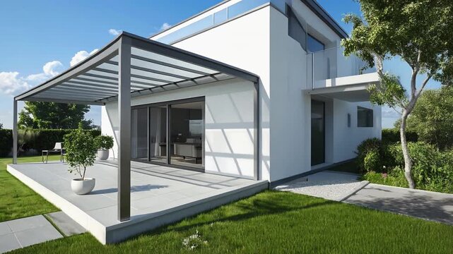 モダンな戸建住宅の外構に設置されたテラス屋根と庭の洗練された風景