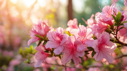 Fototapeta premium Delicate pink azaleas brighten the garden soaking up warm sunlight on a calm spring day.