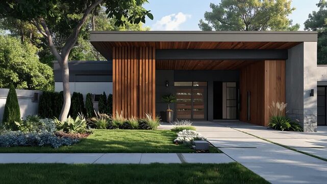 木質とモダン素材で構成されたおしゃれなフレームデザイン外構エクステリア住宅