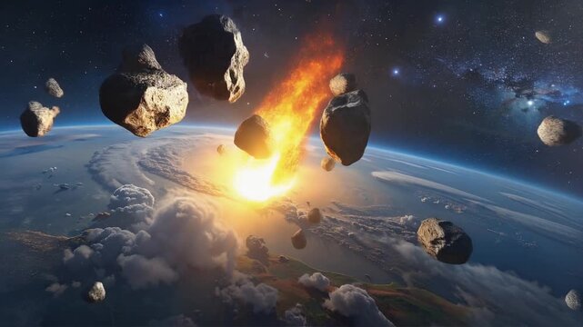 地球に衝突する隕石が宇宙で燃焼し炎の尾を引く終末的なビジュアル