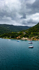 Luxury Boat Speedboat Yacht Tropical Paradise Beach Blue Sea Atlantic Ocean Coast Atlantic Forest Angra Dos Reis Rio De Janeiro Brazil South America Idyllic Heavenly Summer Colorful Saturated Green