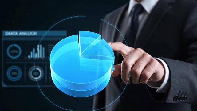 A businessperson analyzes a holographic pie chart, highlighting a specific segment for market share or sales composition analysis